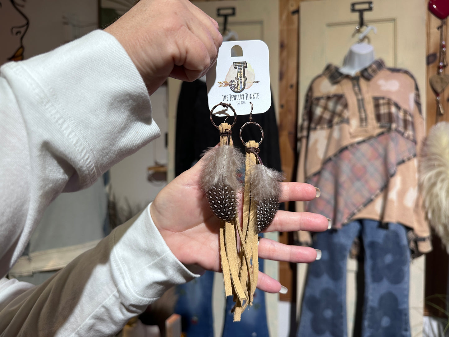 Boho Leather Tassel Feather Earrings