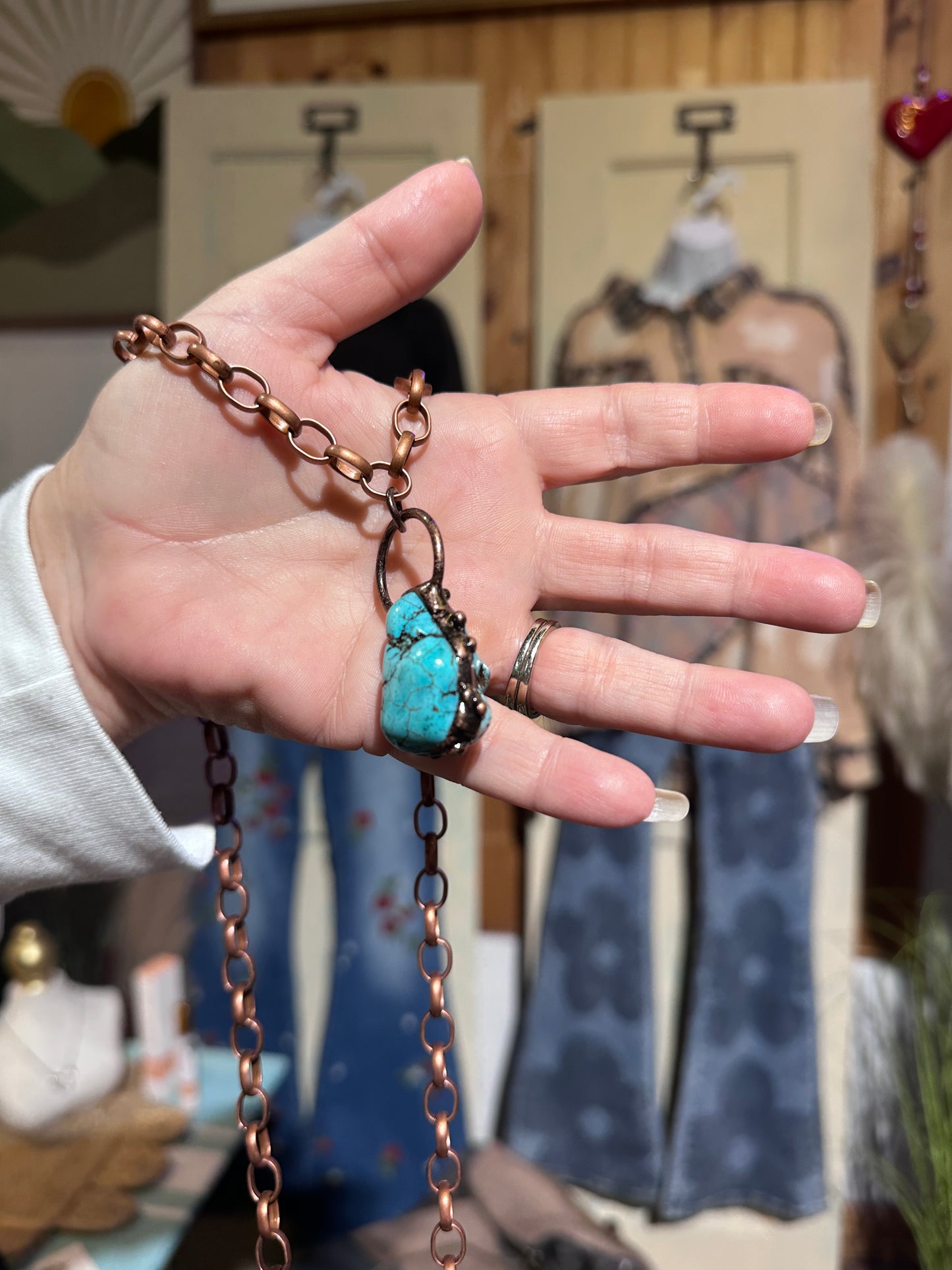 Long Copper Necklace with Turquoise Pendant