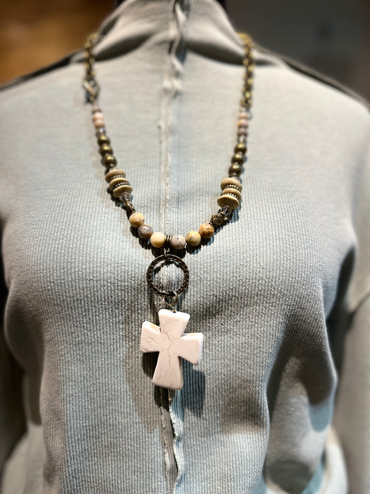 Natural Spice Stone Cross Necklace (Scooples Jewelry)