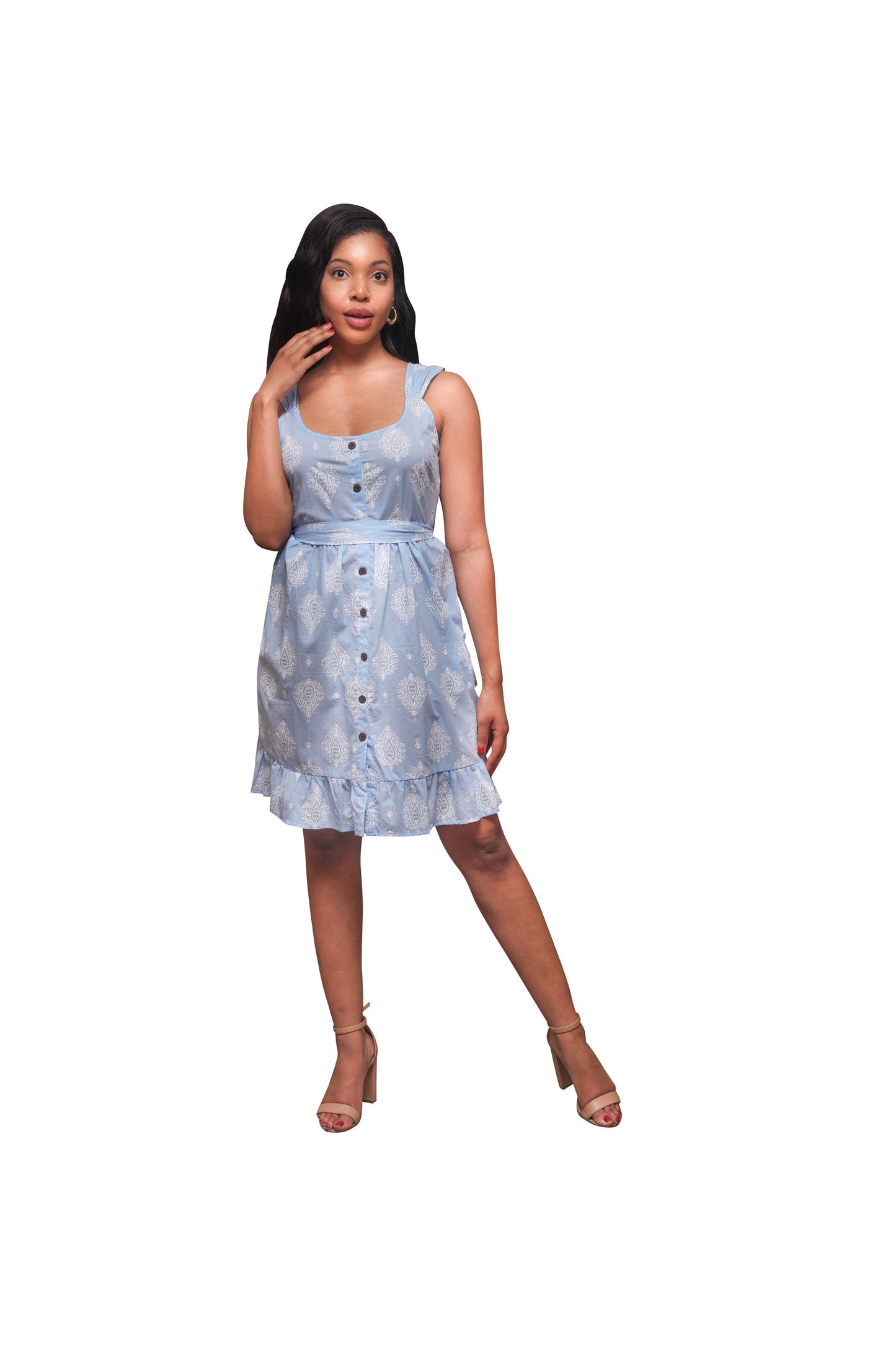 Baby Blue Summer Dress with Delicate Block print