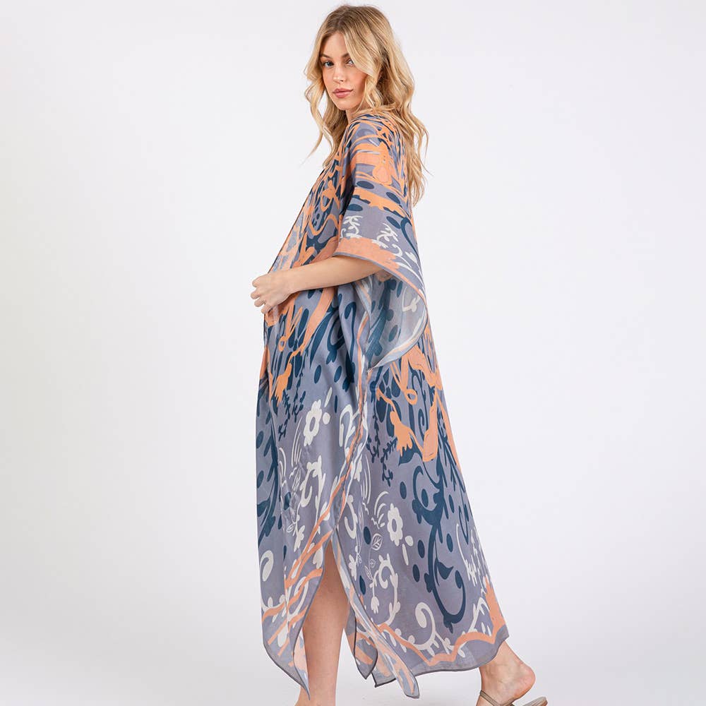 Boho Print Open Front Long Kimono Poncho