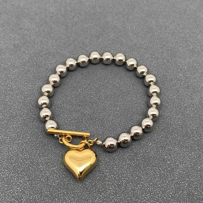 Heart Charm Steel Color Beaded Bracelet