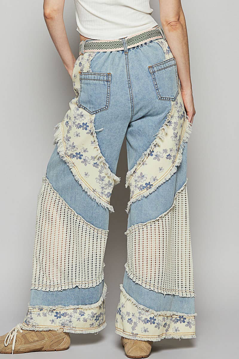 Floral print crochet contrast casual jeans (POL)