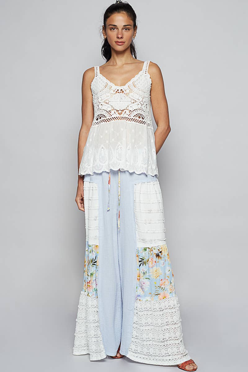 Double gauze lace and print detail flared pants (POL)