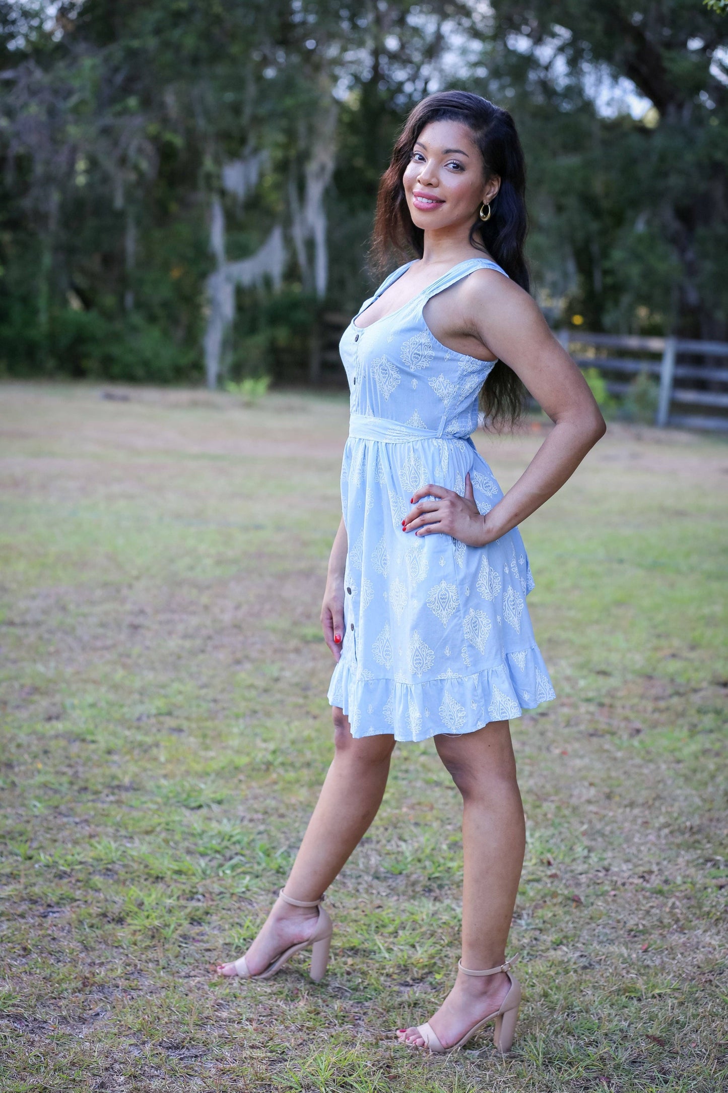 Baby Blue Summer Dress with Delicate Block print