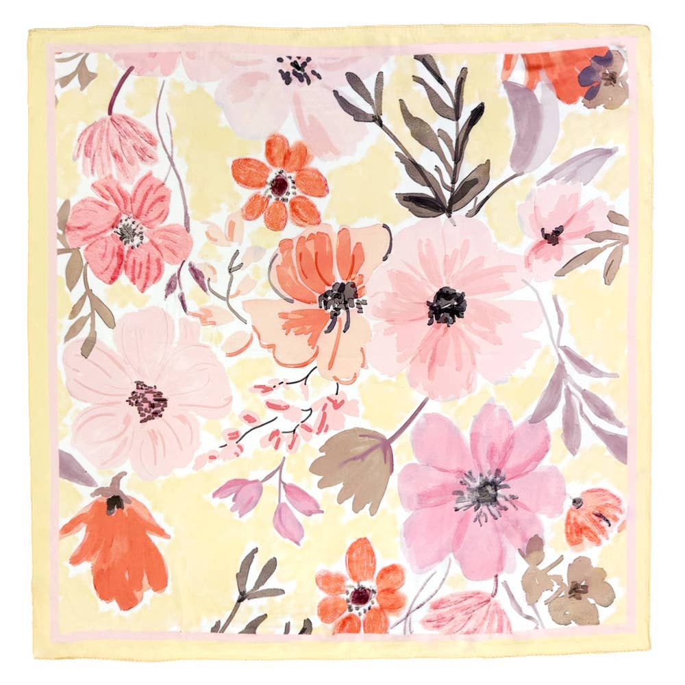 Vintage Floral Bloom Printed Square Silky Satin Scarf