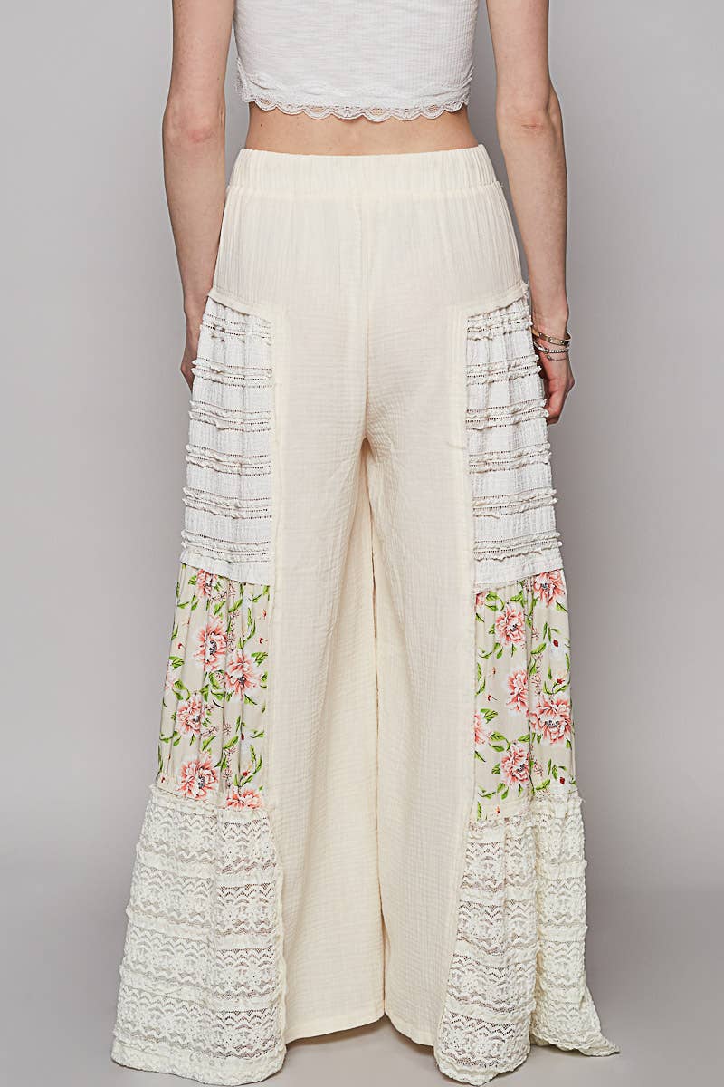 Double gauze lace and print detail flared pants (POL)