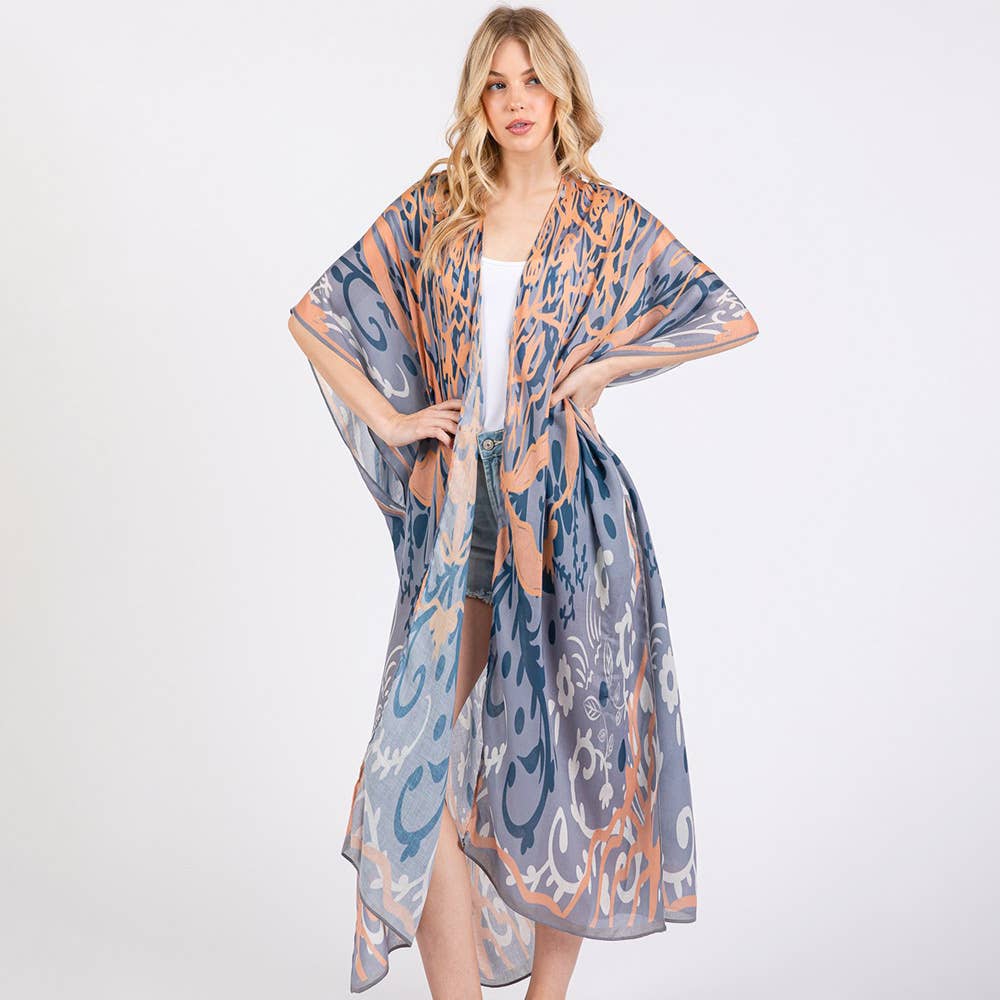 Boho Print Open Front Long Kimono Poncho