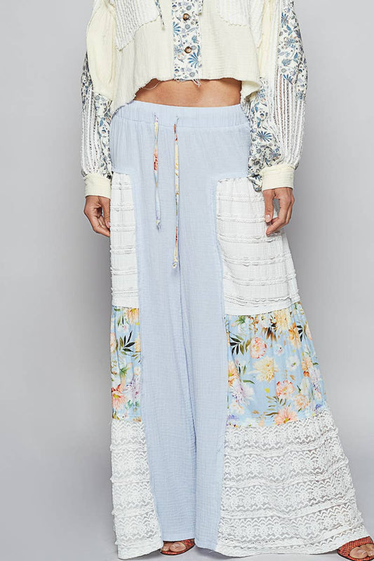 Double gauze lace and print detail flared pants (POL)