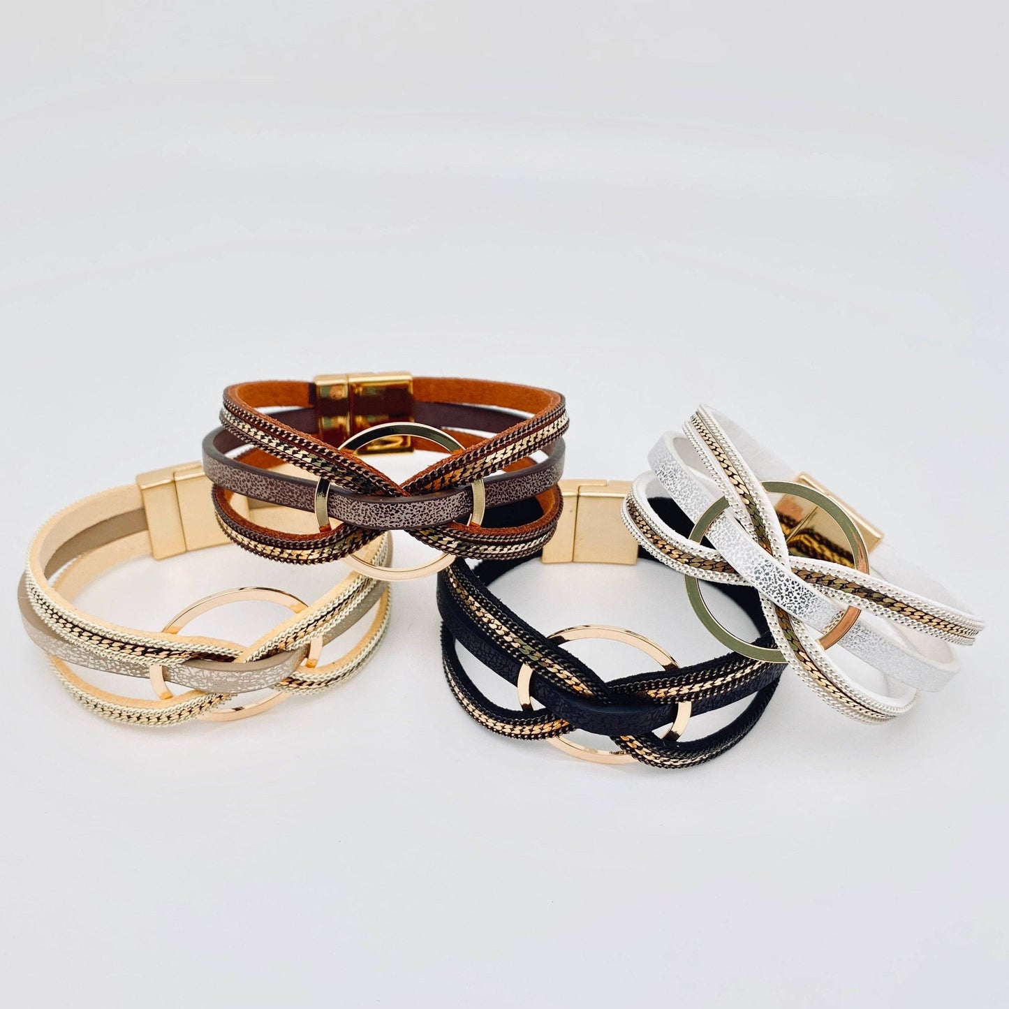 Magnetic Buckle Ring Charm Leather Bangle Bracelet