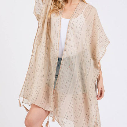 COLORED STITCH TRIM AND TASSEL KIMONO.