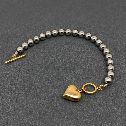 Heart Charm Steel Color Beaded Bracelet