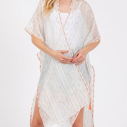 COLORED STITCH TRIM AND TASSEL KIMONO.