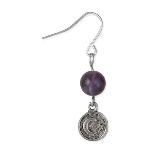 Amethyst Bead Silver Moon Drop Earrings