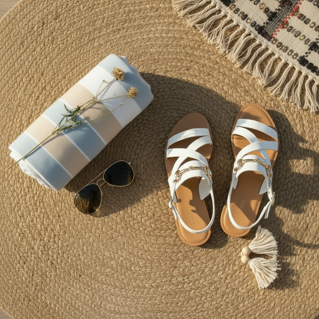 White strappy sandals with gold hardware on a textured boho rug - Gypsy Spirit Boutique