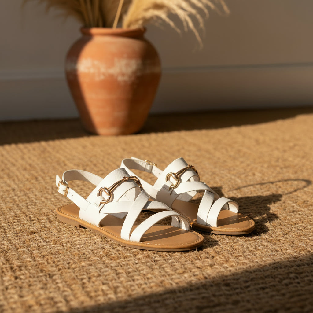 White strappy sandals with gold hardware on a textured boho rug - Gypsy Spirit Boutique