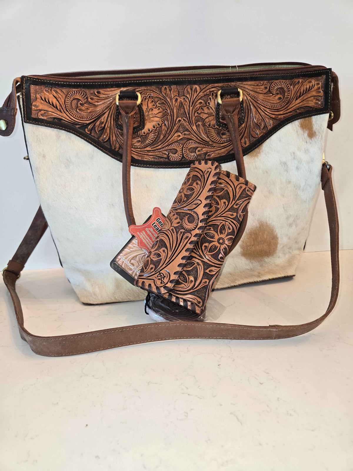 Genuine Handtooled Leather and Hide Purse with Matching Wallet