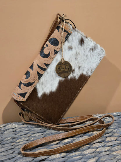 Crossbody Handtooled Leather and Cow Hide