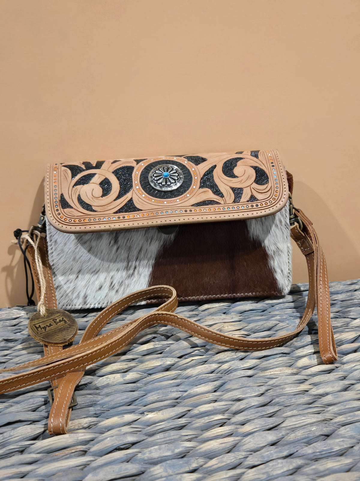 Crossbody Handtooled Leather and Cow Hide