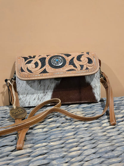 Crossbody Handtooled Leather and Cow Hide