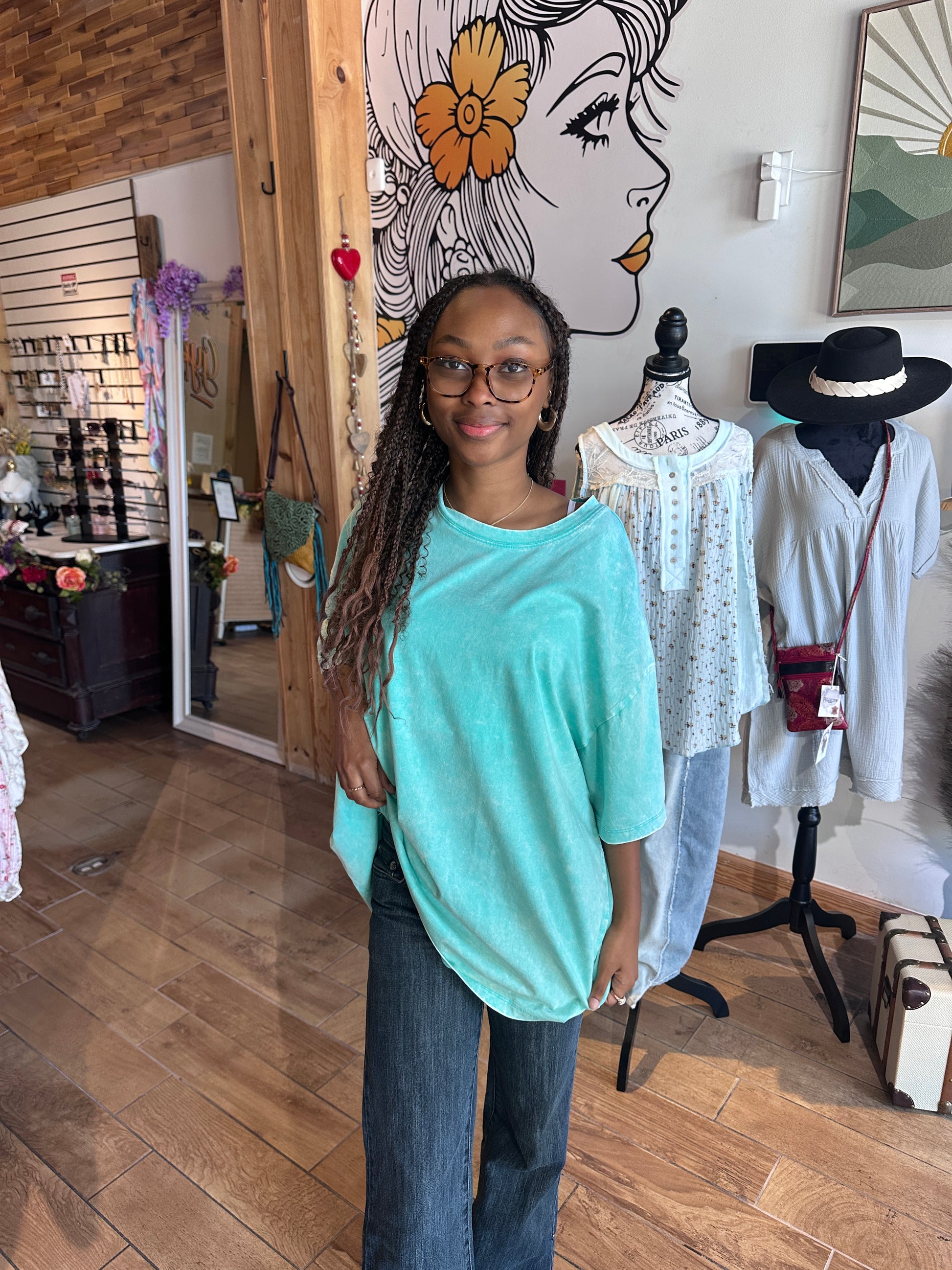Model wearing turquoise cotton Zenana t-shirt in S/M front view at Gypsy Spirit Boutique