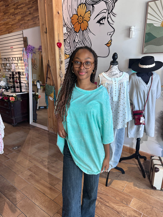 Model wearing turquoise cotton Zenana t-shirt in S/M front view at Gypsy Spirit Boutique